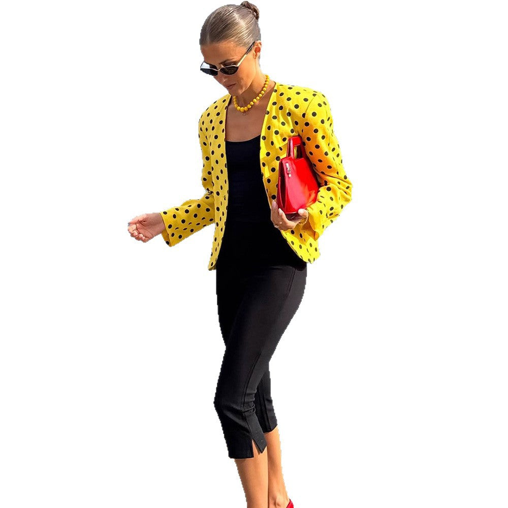 Damen Kurzblazer im Vintage-Punktmuster, Boxy-Cut & leichtem Leinenmix Drune