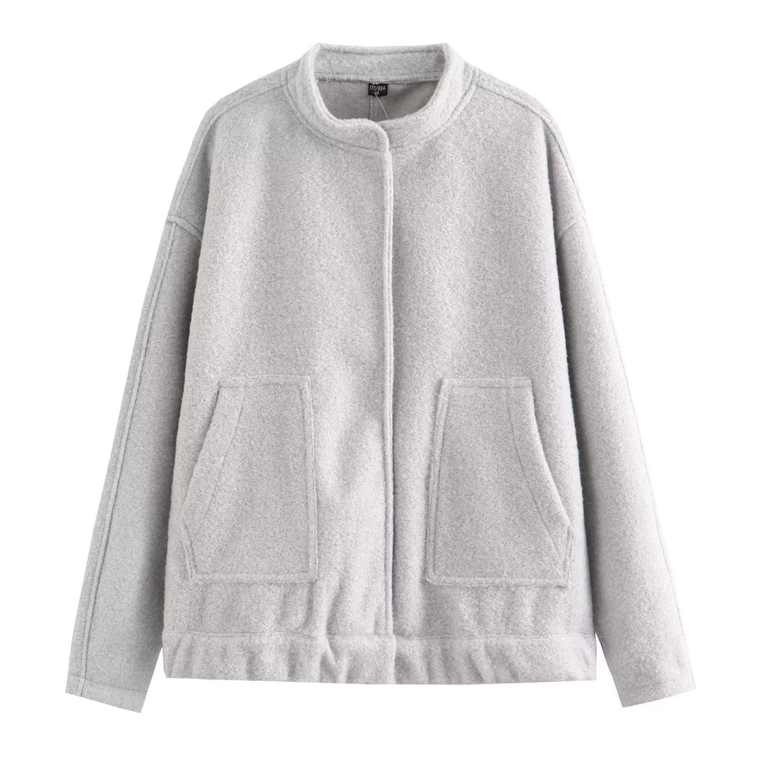 Damen nan kurze Boxy Wollmix‑Jacke mit kurzem Stehkragen, verdeckter Frontleiste und aufgesetzten Taschen Drune