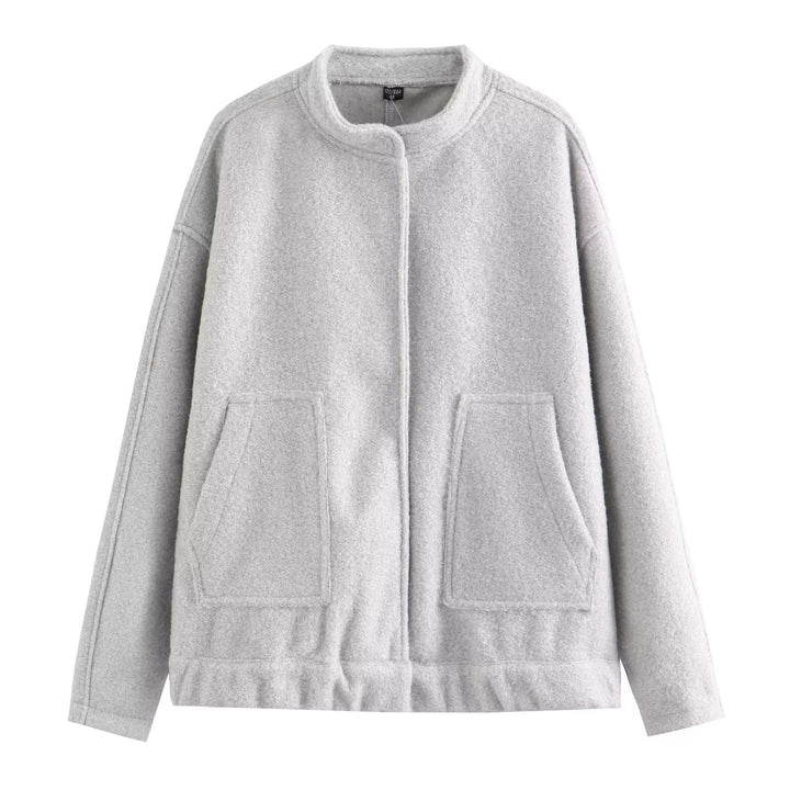 Damen nan kurze Boxy Wollmix‑Jacke mit kurzem Stehkragen, verdeckter Frontleiste und aufgesetzten Taschen Drune