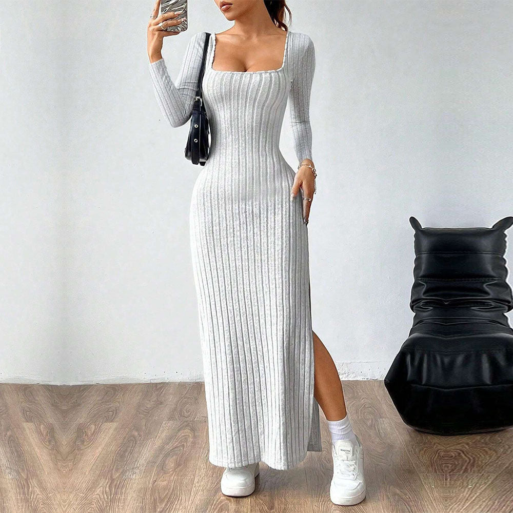 Damen figurbetontes geripptes Maxikleid mit quadratischem Ausschnitt und seitlichem Beinschlitz Drune