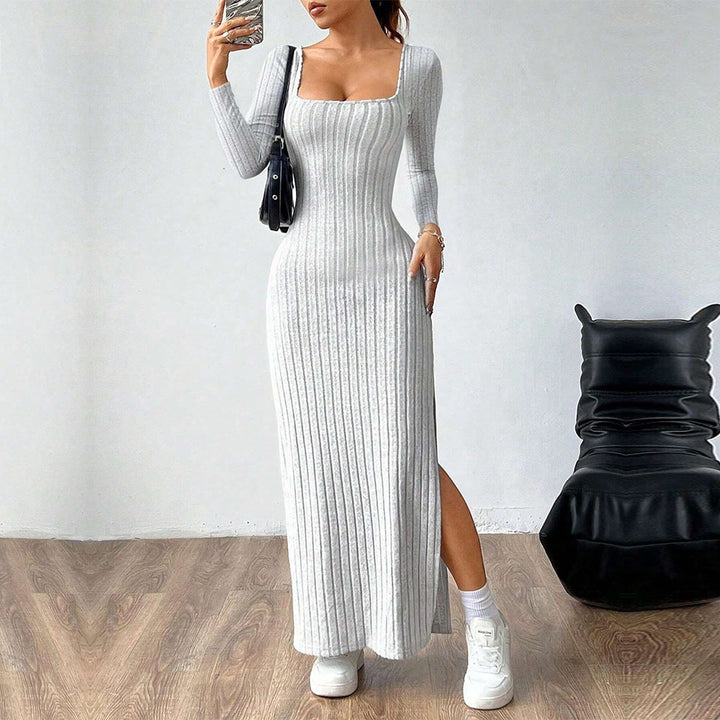 Damen figurbetontes geripptes Maxikleid mit quadratischem Ausschnitt und seitlichem Beinschlitz Drune