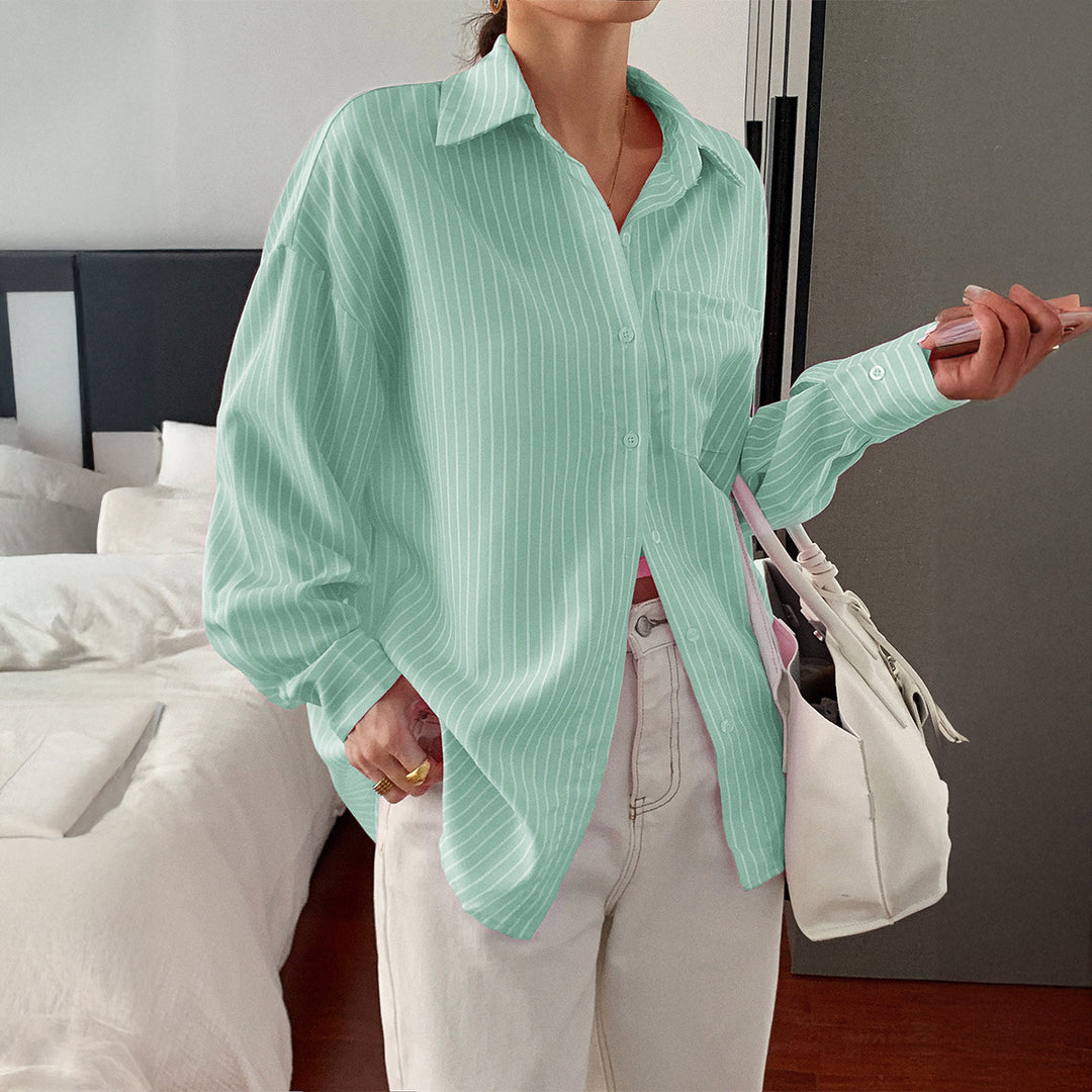 Damen nan locker geschnittene Longbluse mit Kentkragen, Brusttasche und feinem Nadelstreifen Drune