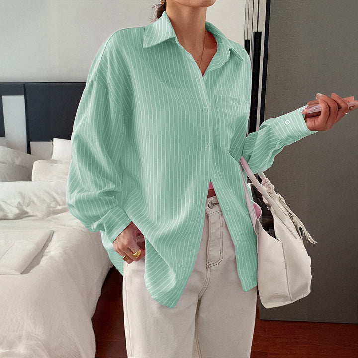 Damen nan locker geschnittene Longbluse mit Kentkragen, Brusttasche und feinem Nadelstreifen Drune