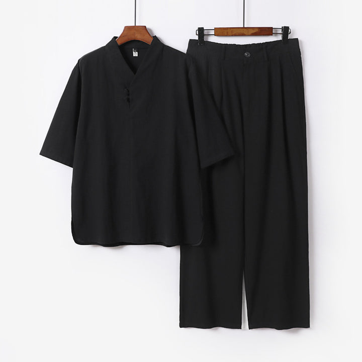 Herren Zweiteiliges Leichtes Kimono-Loungewear-Set mit Stehkragen Knotenverschluss Kurzarm und weiter Bundhose Drune