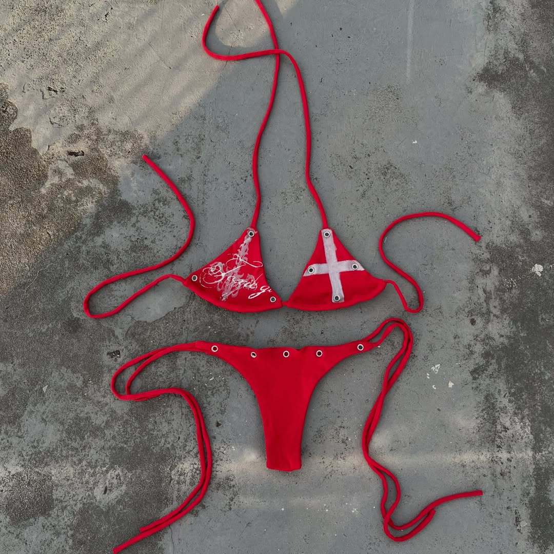 Damen Bunt bedruckter Bikini mit verstellbaren Schnürungen und dekorativen Ösen Drune