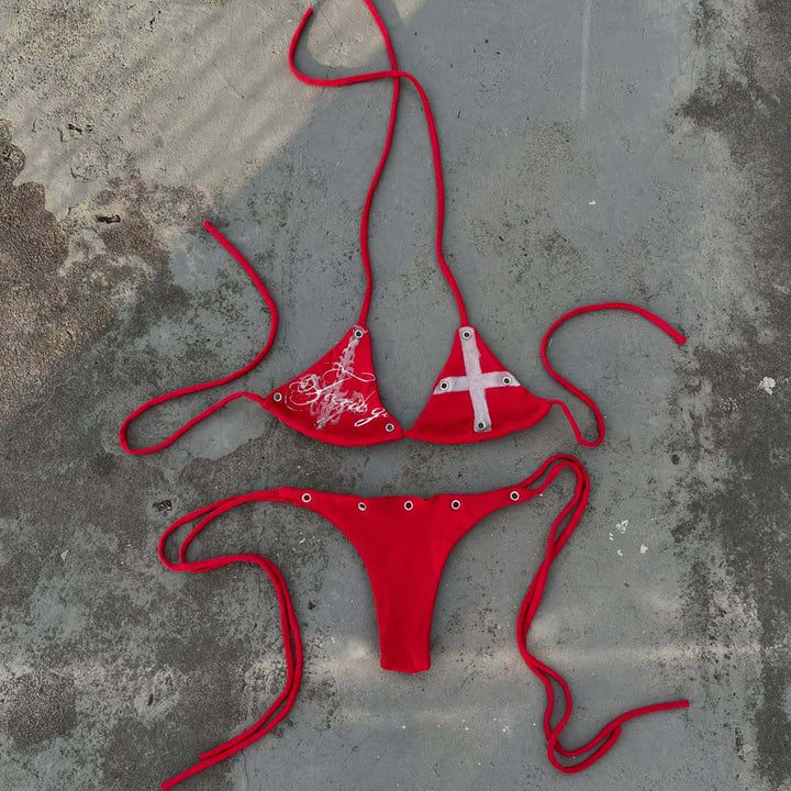 Damen Bunt bedruckter Bikini mit verstellbaren Schnürungen und dekorativen Ösen Drune