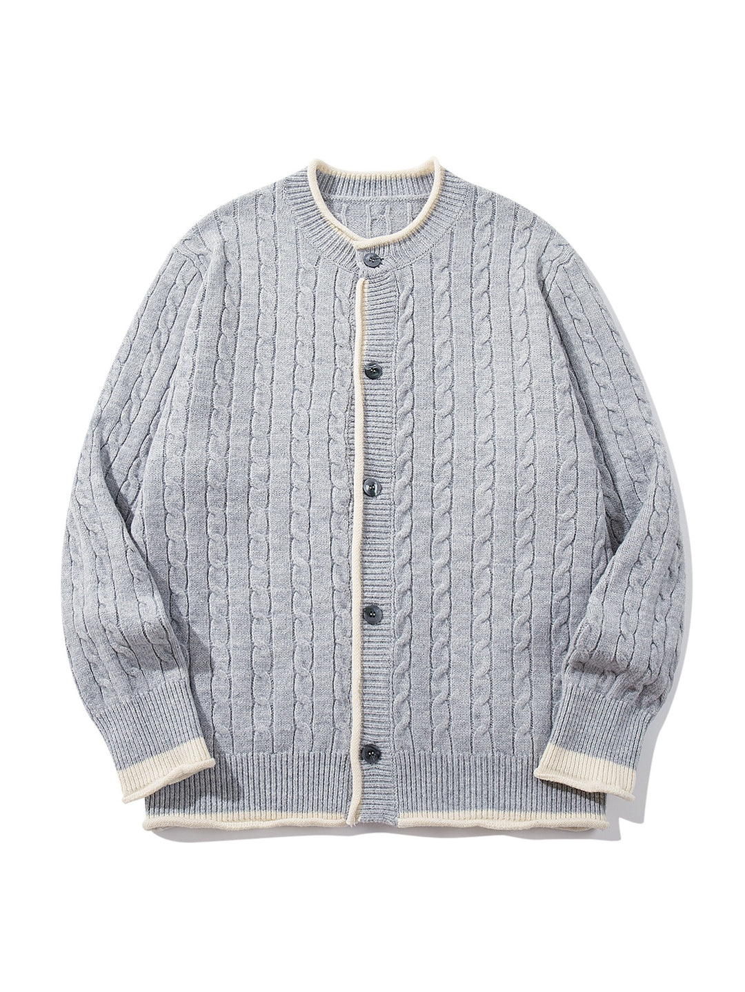 Unisex Kabelstrick-Cardigan mit Rundhals, kontrastierten Bündchen und durchgehender Knopfleiste Drune