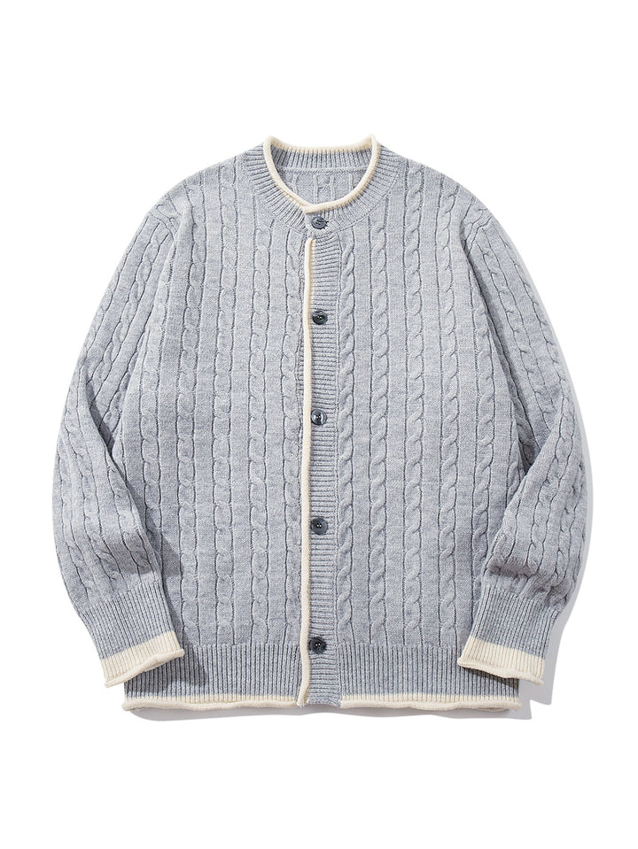 Unisex Kabelstrick-Cardigan mit Rundhals, kontrastierten Bündchen und durchgehender Knopfleiste Drune