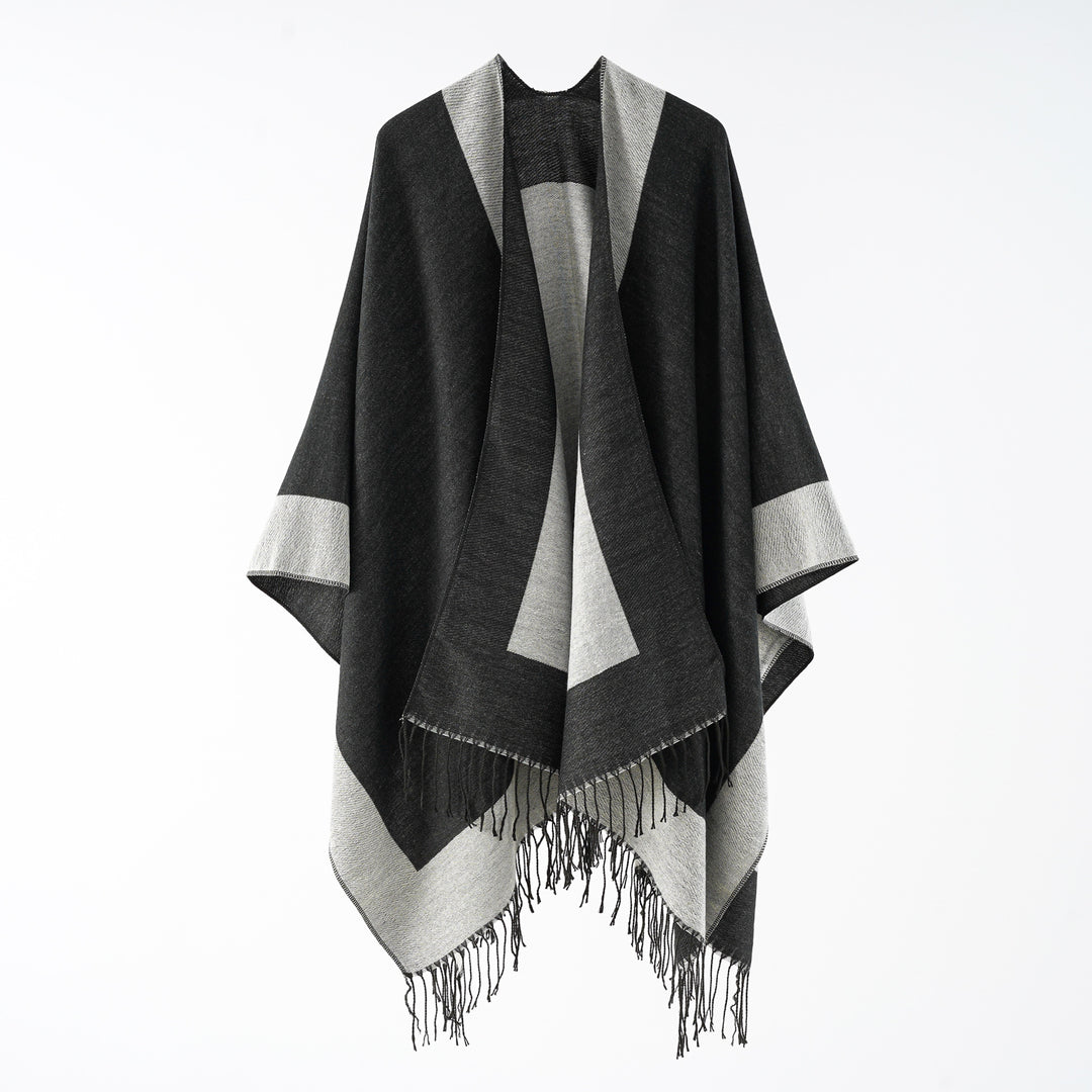 Damen Oversize-wendbarer Capeponcho aus Wollmix mit Fransen Drune