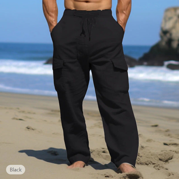 Herren weite Freizeit-Cargohose aus Leinenmix mit Tunnelzugbund, aufgesetzten Klappentaschen und entspanntem Strandfit Drune