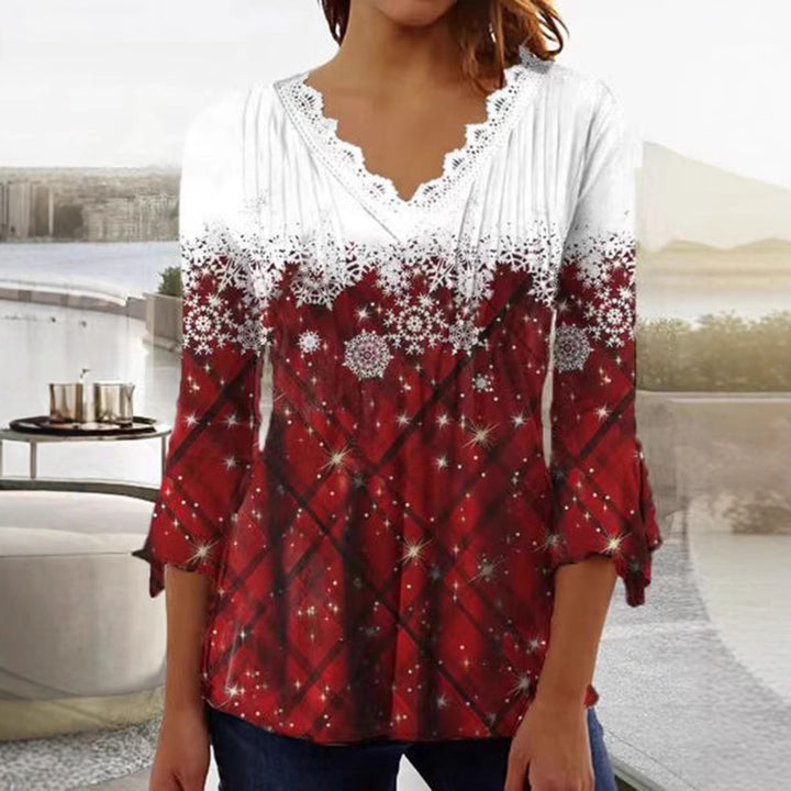 Damen nan Tunika-Bluse mit Spitzen-V-Ausschnitt, feiner Plissee-Passe und winterlichem Schneeflocken-Print Drune