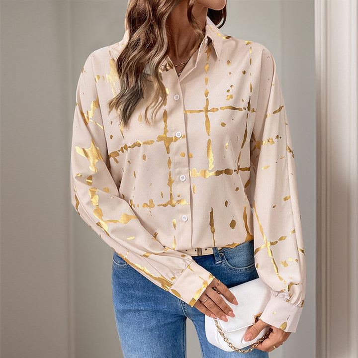 Damen Elegante Langarm-Bluse mit Gold-Folienprint, Hemdkragen und lockerem Schnitt Drune