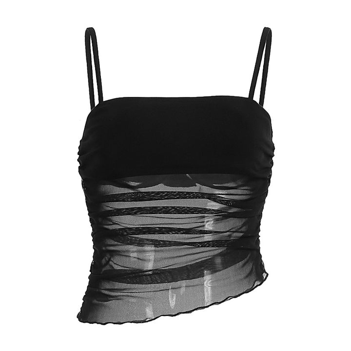 Damen leichtes Rüschenshirt mit Spaghettiträgern und transparenten Einsätzen Drune