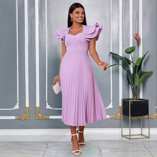 Damen plissiertes Maxikleid mit eleganten Rüschendetails Drune