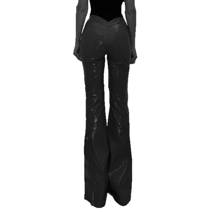 Damen nan hochglänzende Lackhose mit hoher Taille, figurbetonter Oberschenkelpassform und weitem Schlag Drune