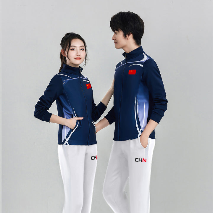 Unisex Team-Trainingsjacke mit Reißverschluss, Stehkragen und Flaggenpatch Drune