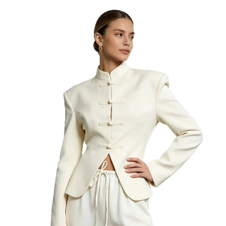 Damen Sculpted‑Blazer mit Stehkragen, dekorativen Knotenverschlüssen und taillierter Silhouette Drune