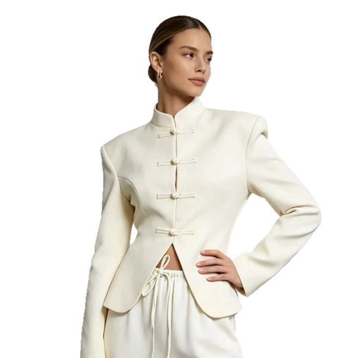 Damen Sculpted‑Blazer mit Stehkragen, dekorativen Knotenverschlüssen und taillierter Silhouette Drune