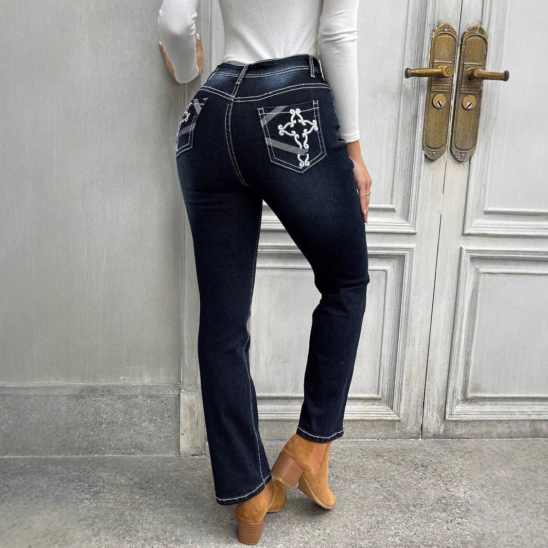 Damen Hochgeschnittene schmal geschnittene Straight-Jeans mit Kontrastnähten und leichtem Schlag Drune