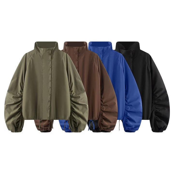 Damen Übergangsjacke mit weitem Ballonärmeln, Stehkragen und Tunnelzug Drune