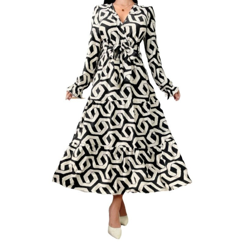 Damen Maxi-Kleid mit modernem geometrischen Druck und taillierbarem Design Drune