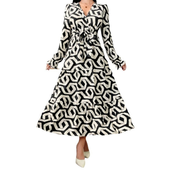 Damen Maxi-Kleid mit modernem geometrischen Druck und taillierbarem Design Drune