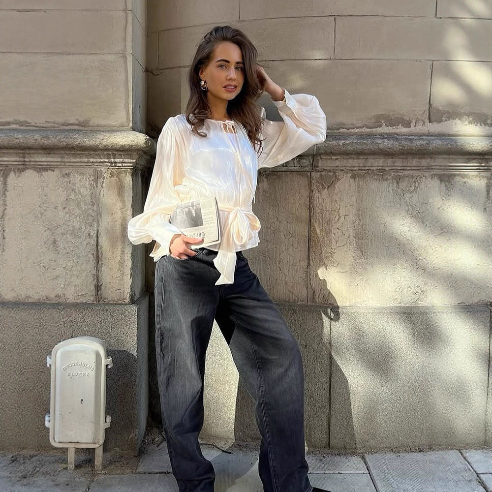 Damen Elegante Wickelbluse mit Bindegürtel und voluminösen Ballonärmeln Drune