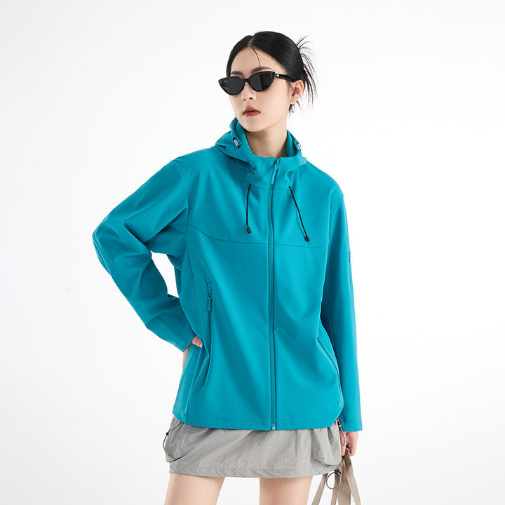 Damen Atmungsaktive Softshell-Regenjacke mit Kapuze, winddicht und minimalistischer Tech-Optik Drune