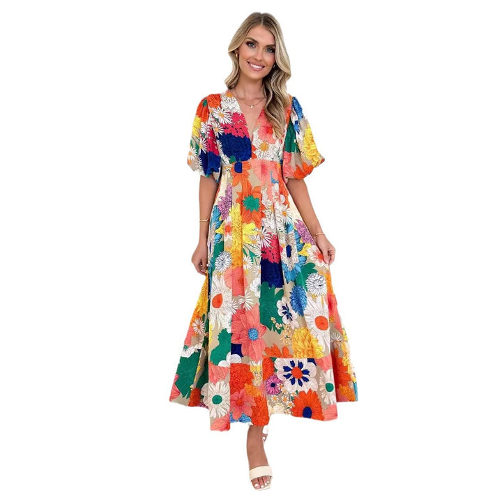 Damen Maxikleid mit voluminösen Puffärmeln und floralem Druck Drune