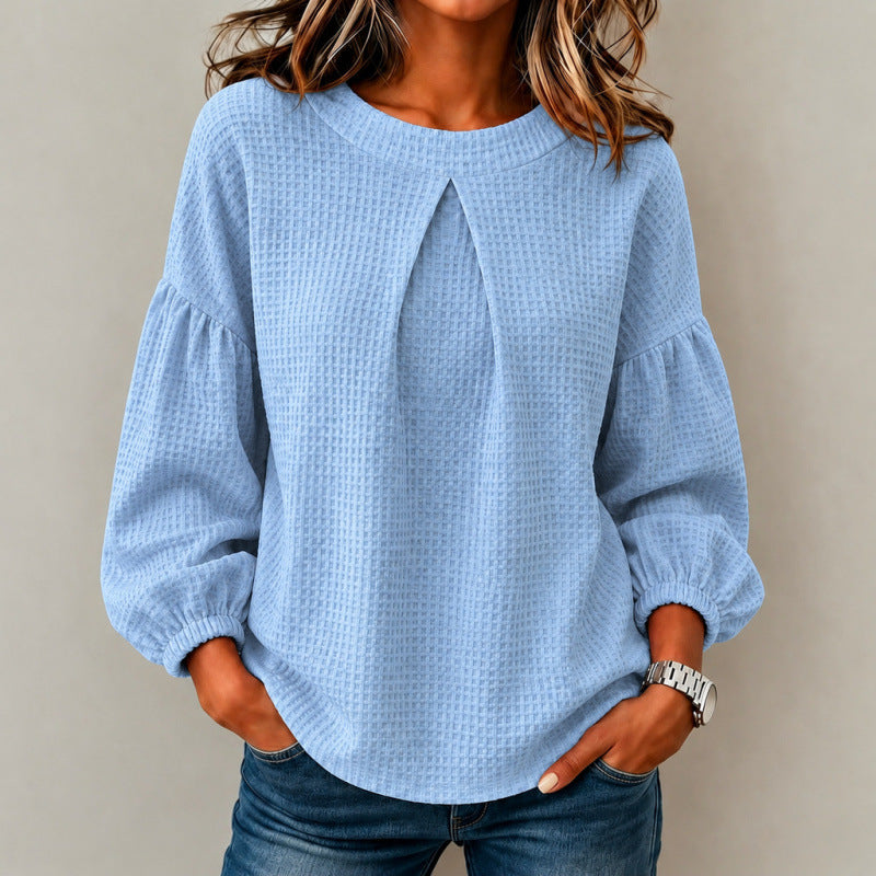 Damen Lockeres Waffelstrick-Sweatshirt mit Vorderfalte und Ballonärmeln Drune