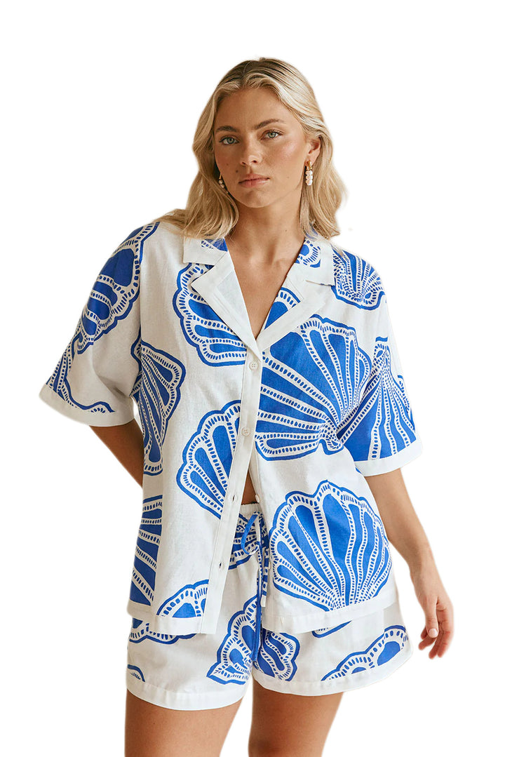 Damen Sommerliches Kurzarm-Set mit maritimem Muschel-Design und lockerer Passform Drune