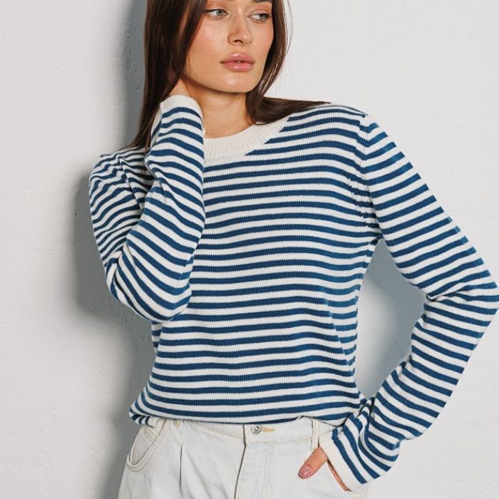 Damen gestreifter Strickpullover mit Rundhalsausschnitt und langem Arm Drune