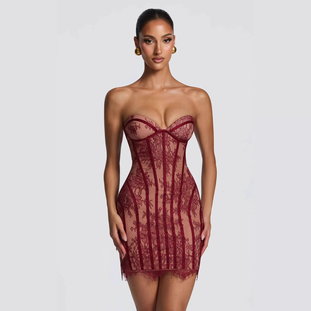 Damen Elegantes Korsettkleid mit Spitzenverzierung und transparenter Optik Drune