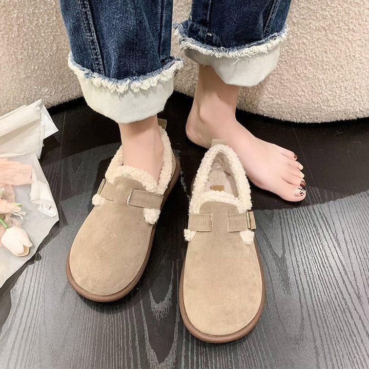 Damen Gefütterte Wildleder‑Optik Hausschuhe-Mules mit Teddyfutter und verstellbarem Riemen Drune