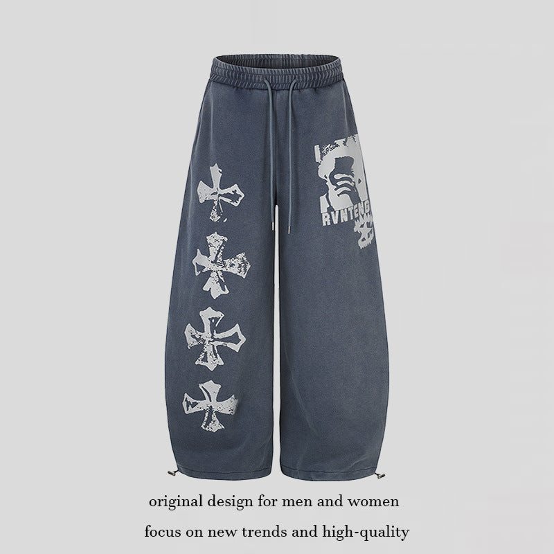 Damen Extraweite Palazzo‑Sweathose mit Tunnelzugbund, verstellbarem Saum und Gothic-Print Drune