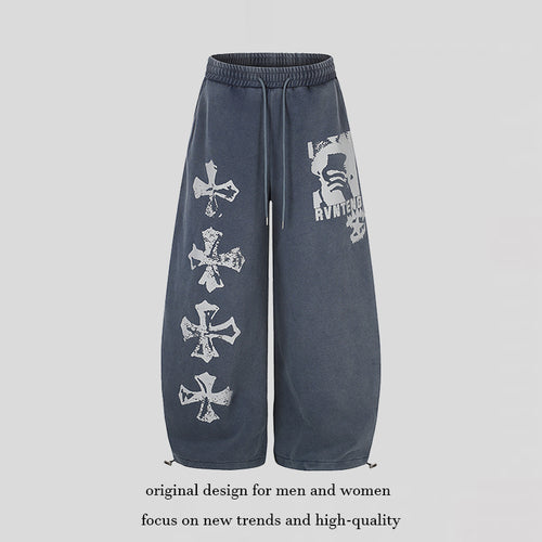 Damen Extraweite Palazzo‑Sweathose mit Tunnelzugbund, verstellbarem Saum und Gothic-Print Drune