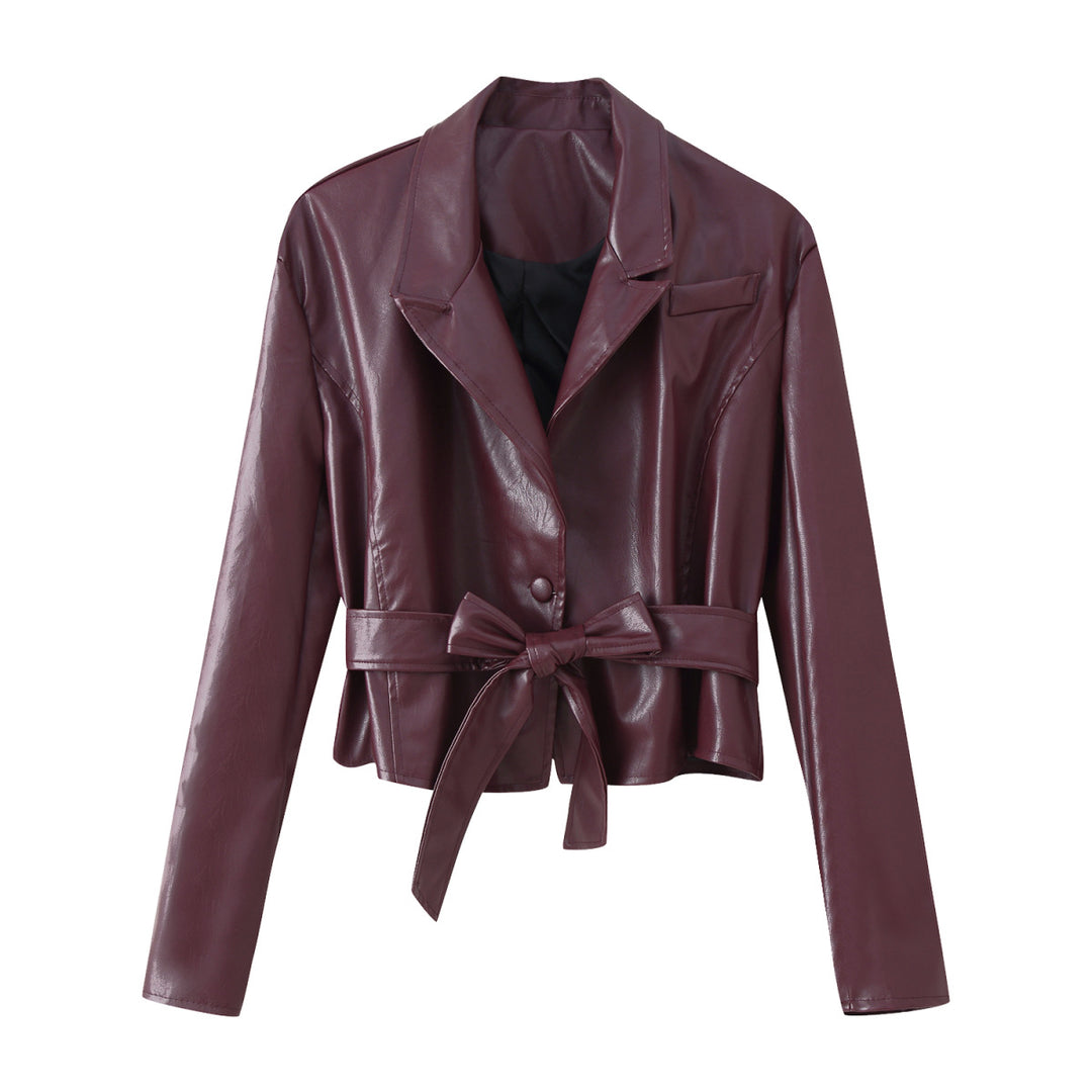 Damen Kunstleder Blazerjacke mit tailliertem Schnitt und schickem Bindegürtel Drune