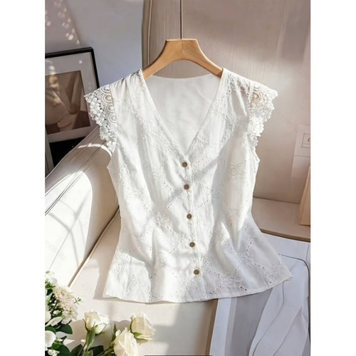 Damen Bluse mit Spitzenärmeln und Knopfdetails Drune