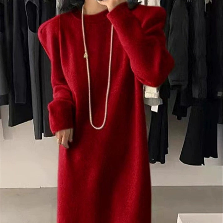 Damen elegantes Strickkleid mit Puffärmeln und Rundhalsausschnitt Drune