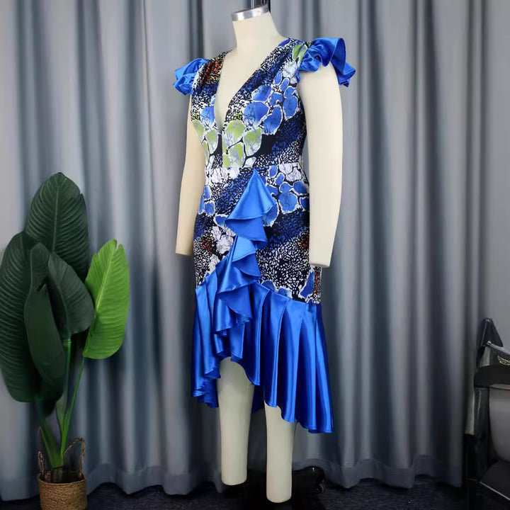Damen Elegantes Rüschenkleid mit tiefem V-Ausschnitt und gefüllten Ärmeln Drune