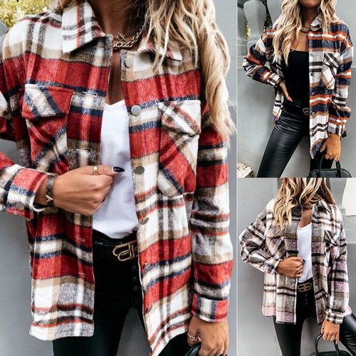 Damen Oversized Karo-Hemdjacke mit Druckknöpfen und aufgesetzten Brusttaschen Drune