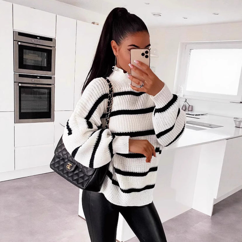 Damen gestreifter Oversized-Pullover mit modischem Rollkragen Drune