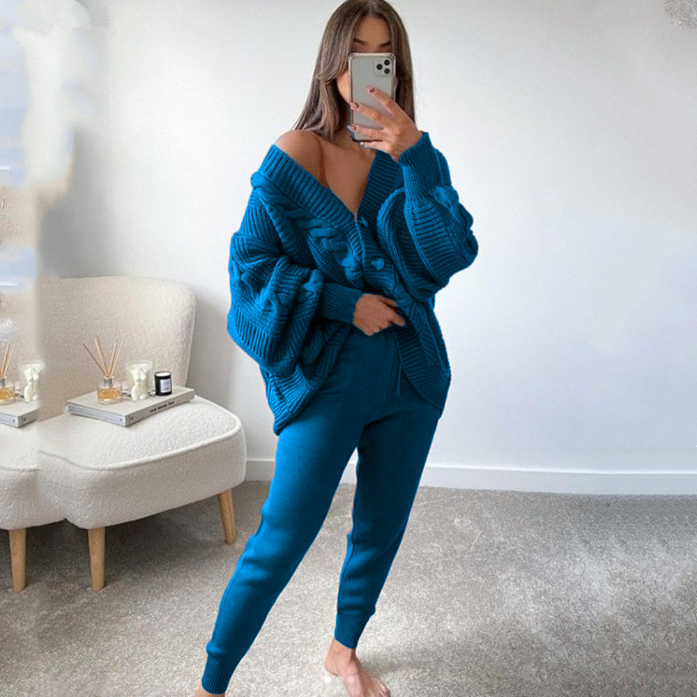Damen nan kuscheliges Oversize Strickset bestehend aus Zopfmuster Cardigan und taillierter Strick-Jogginghose Drune