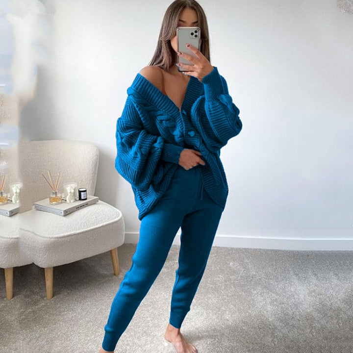 Damen nan kuscheliges Oversize Strickset bestehend aus Zopfmuster Cardigan und taillierter Strick-Jogginghose Drune