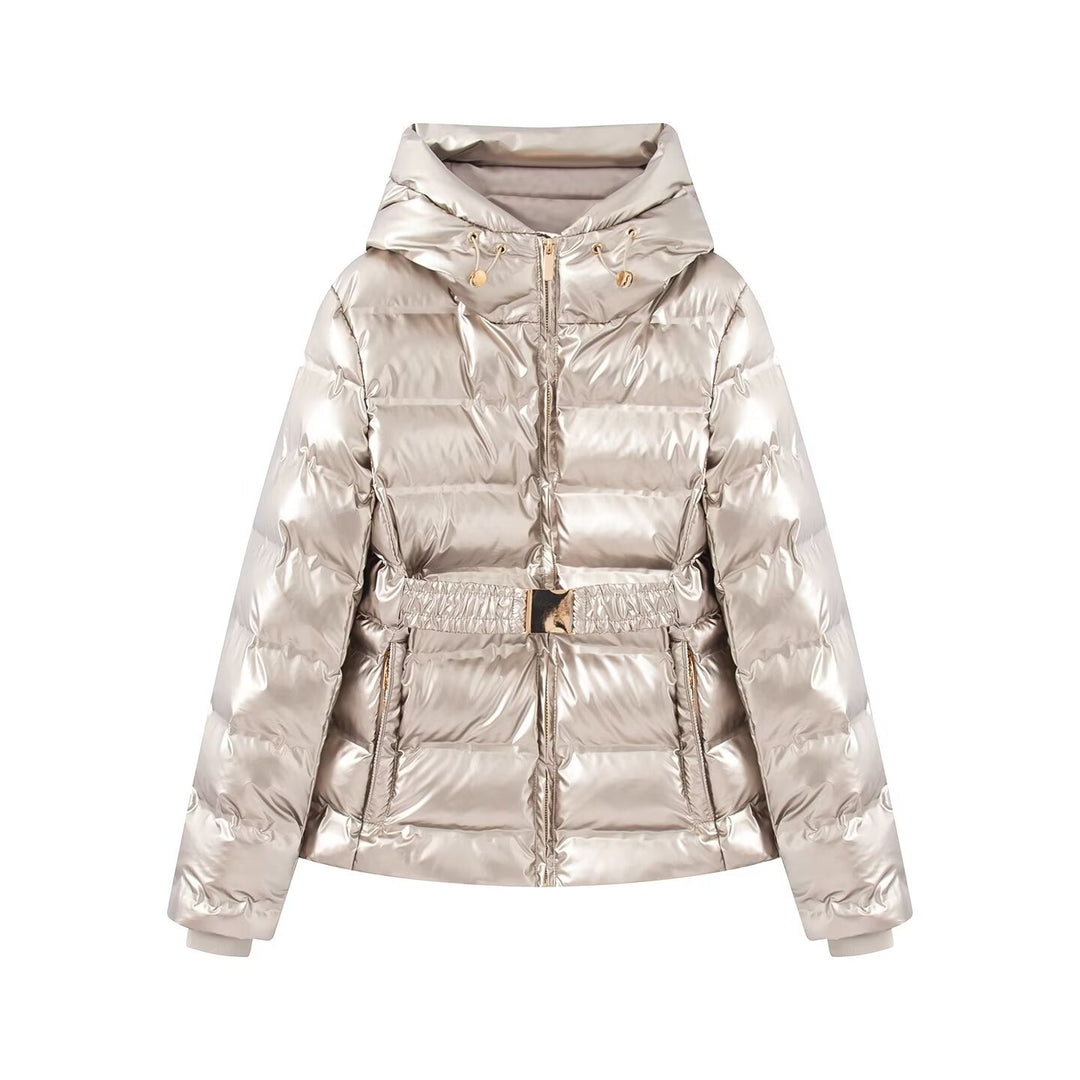 Damen Kurz geschnittene Steppjacke mit Kapuze, tailliertem Gummizug und Ziergürtel Drune