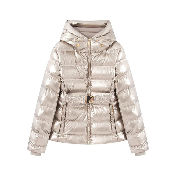 Damen Kurz geschnittene Steppjacke mit Kapuze, tailliertem Gummizug und Ziergürtel Drune