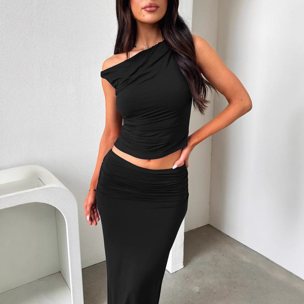 Damen Schickes Set mit asymmetrischem Oberteil und langem Rock Drune