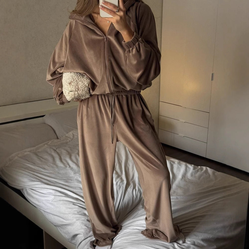 Damen Sportliches Velours-Set mit hohem Kragen und weitem Schnitt Drune