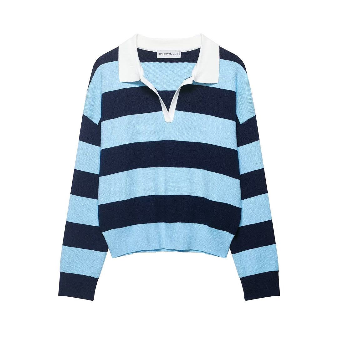 Damen Gestreifter Rugby-Polo-Pullover mit V-Notch und Cropped-Saum Drune