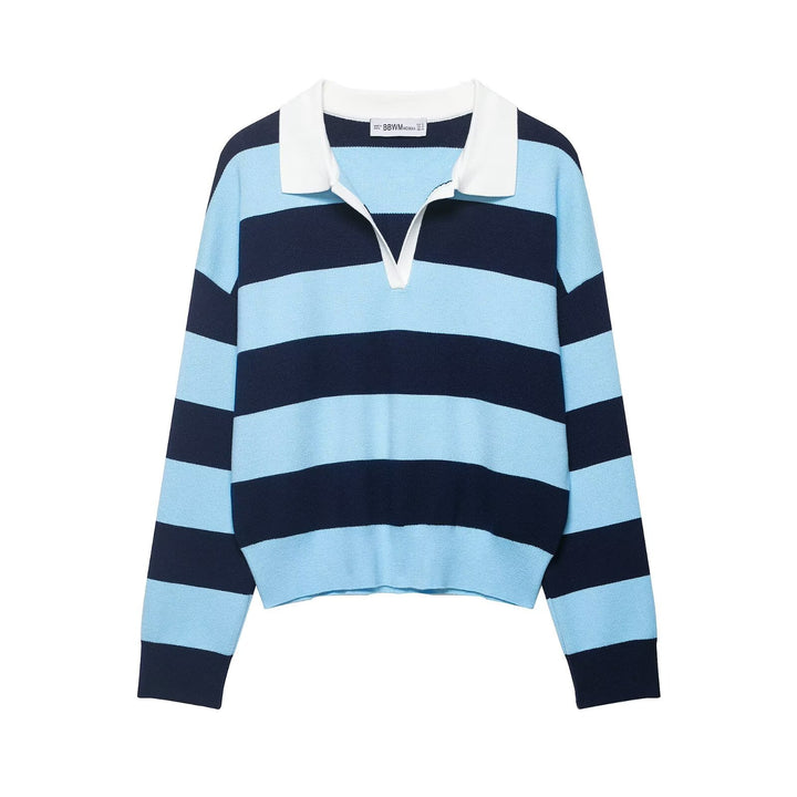 Damen Gestreifter Rugby-Polo-Pullover mit V-Notch und Cropped-Saum Drune